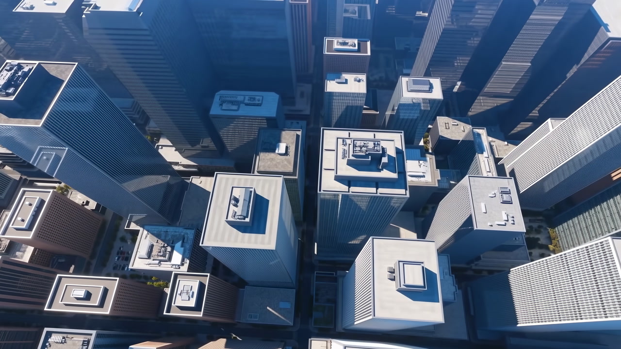Aerial City Skyline Glass Skyscrapers Drone Surveying Rooftops In Crisp Morning Light, Long Shadows
