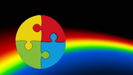 animation of colorful puzzle over rainbow background