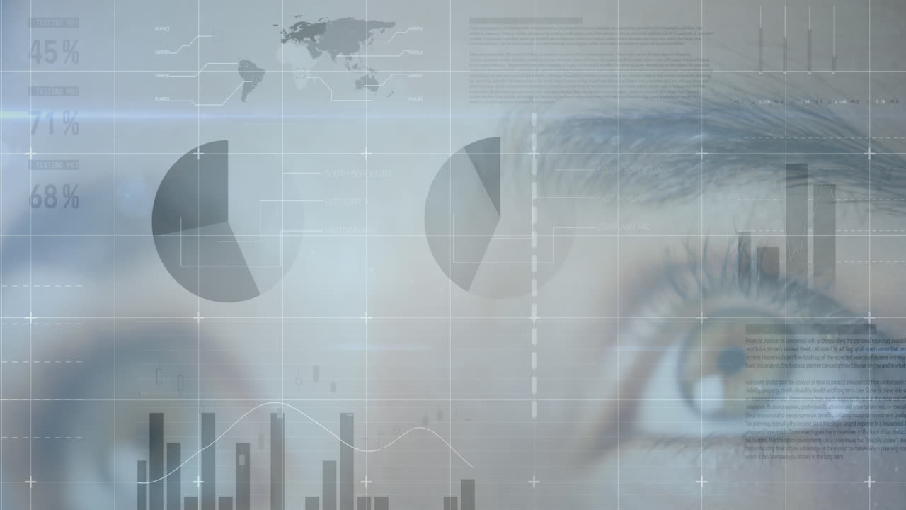 Animation of statistics and data processing over woman's eye in background