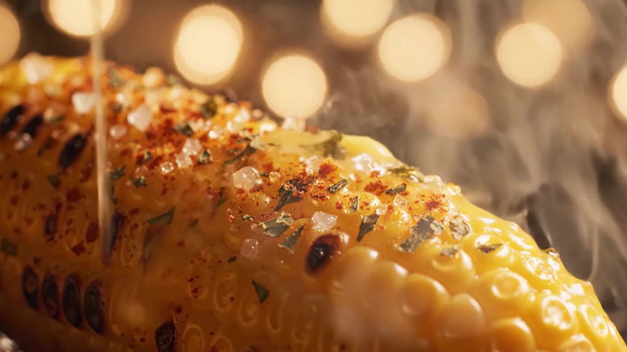 Delizioso mais alla griglia guarnito con spezie ed erbe aromatiche, perfettamente arrostito alla perfezione su uno sfondo bokeh di luci calde per una delizia culinaria