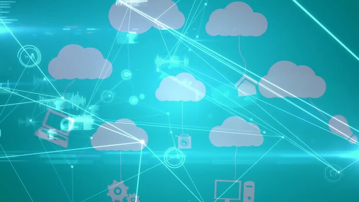 Animation of network of connections with digital clouds and icons over data processing
