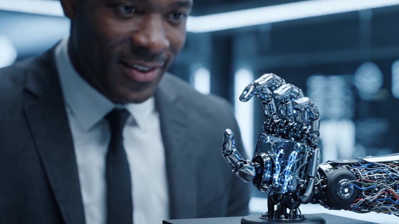 An Individual Examines an Intricate Robotic Hand, Showcasing Advanced Technology and Innovative Design in a Futuristic Environment