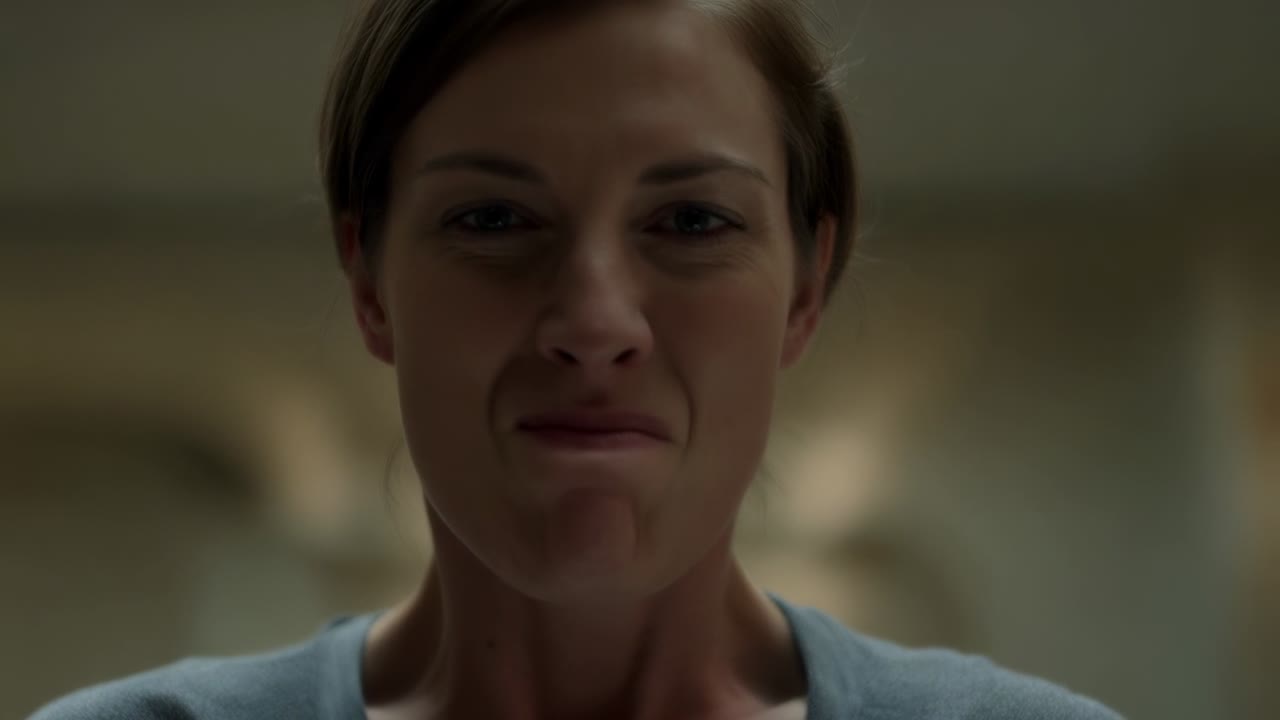 Lifting chin, woman clenching jaw, pursing lips in hallway, overhead light showing tension