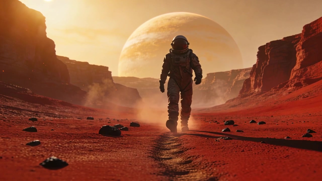 Astronauta in tuta con casco e zaino che cammina verso la telecamera attraverso un canyon rosso, lasciando impronte sul terreno.