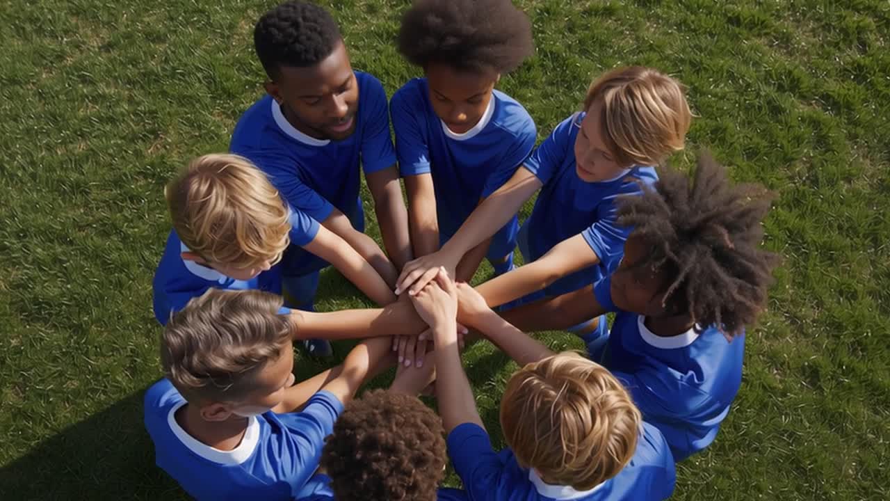 Youth Soccer Team Huddles Together on Green Grass Field