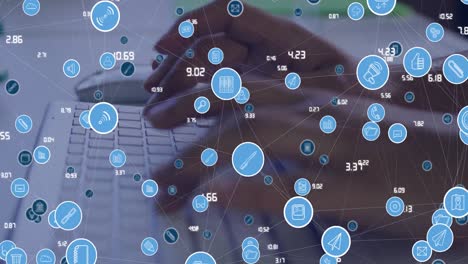 Animation-of-network-of-connections-with-icons-over-hands-typing-on-keyboard