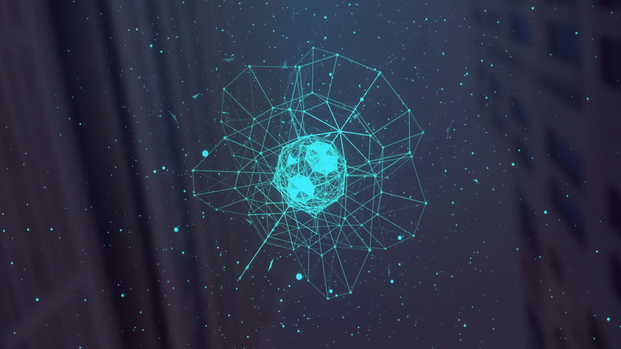 Geometric wireframe sphere and network connections animation over starry background