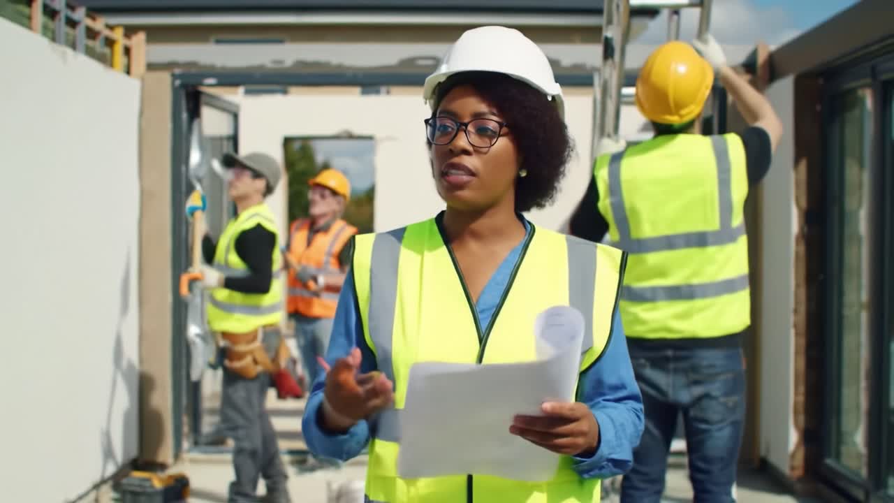 A diverse group of construction workers collaborates on a renovation project. A woman in a safety vest instructs her team while others paint and make adjustments to the structure.
