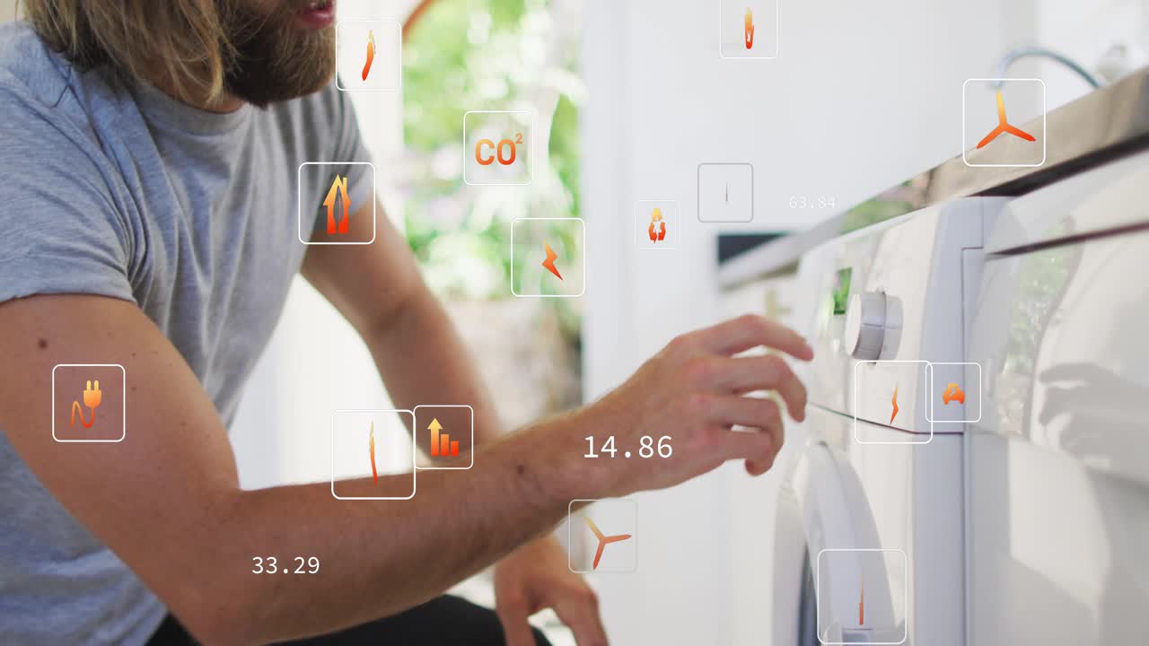 Homeowner kneeling opening washer door loading clothes pressing start with eco icons tracking usage