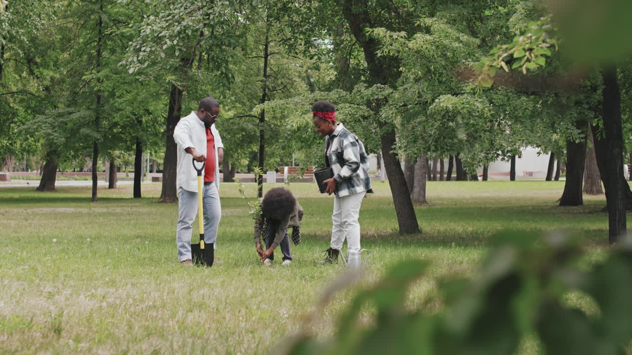 African-American Family Planting Tree Outdoors
