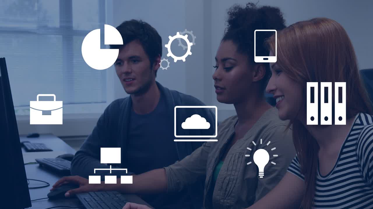Three trainees collaborating in lab, left person moving mouse and starting data icons on monitor