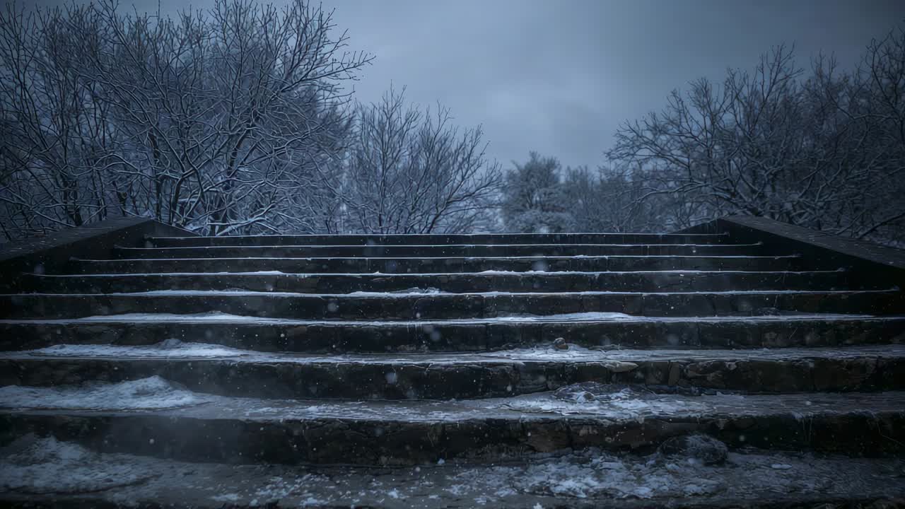 Showing low-angle stone staircase leading upward at park, with thin snow, icy steps, bare trees