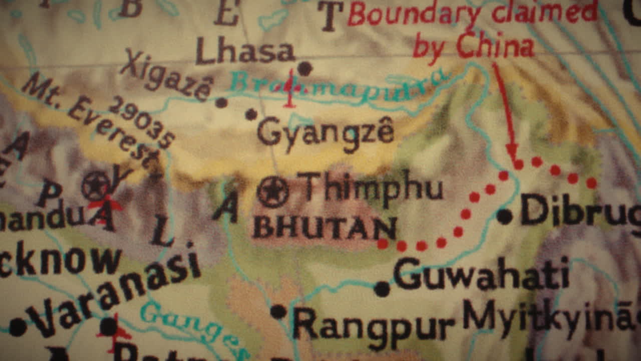 Close-up of a map displaying Bhutan and surrounding regions