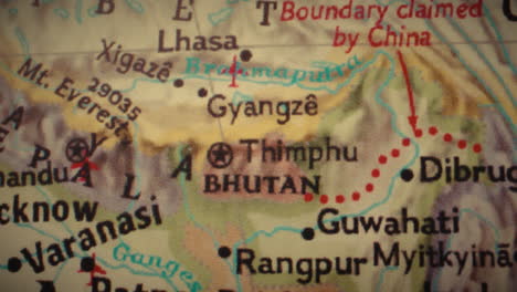 close-up of a map displaying bhutan and surrounding regions