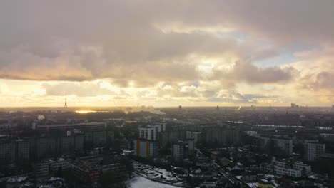 Establisher-aerial-view-of-Soviet-style-buildings-landscape-in-Latvia,-Riga