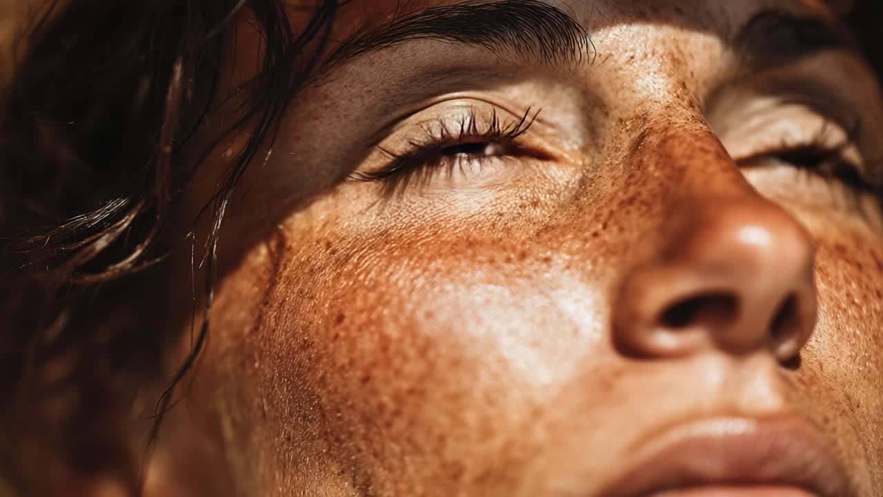 A Close-Up Exploration of Natural Beauty: Harmonic Light Play on Freckled Skin Showcasing Real Expressions of Serenity and Wonder