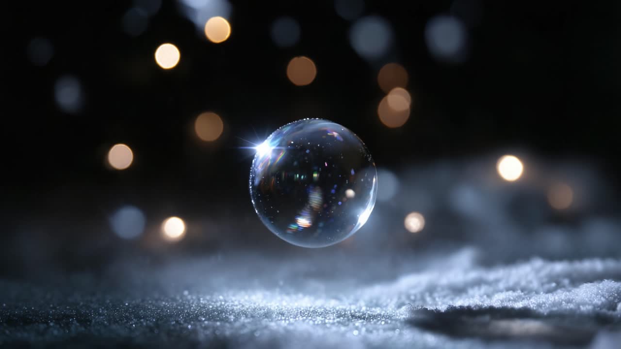 Un spectacle fascinant d'une bulle de savon flottante, illuminée par des lumières douces et chatoyantes et de délicats flocons de neige tombants, créant une scène hivernale magique.