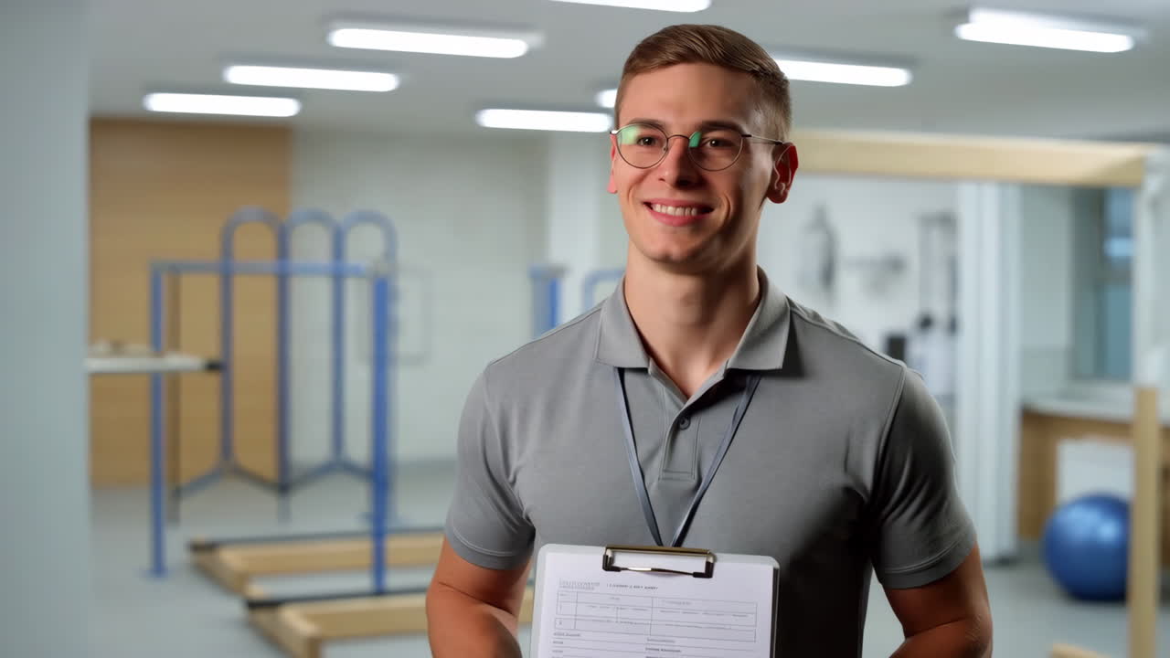 A young smiling man, possibly a physiotherapist or trainer, holding a clipboard in a rehabilitation setting