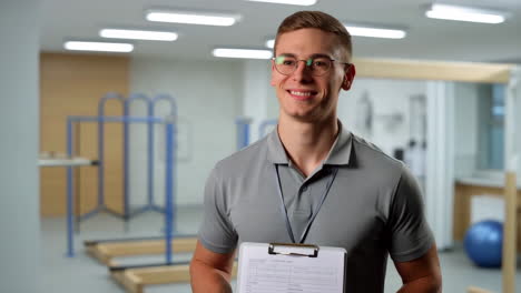 a young smiling man, possibly a physiotherapist or trainer, holding a clipboard in a rehabilitation setting