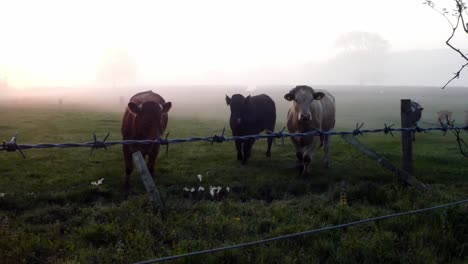 glowing foggy morning sunrise cow herd silhouette cattle grazing in agricultural countryside rural scene