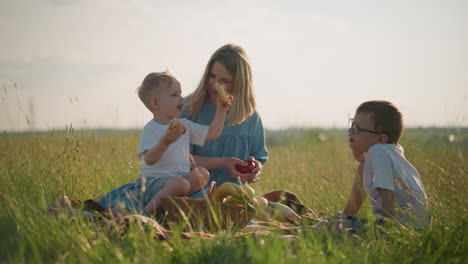 a mother in a blue dress sits on the grass with her two sons, both in white tops, engaging in a joyful conversation as they enjoy a picnic in a serene field. the younger son is speaking