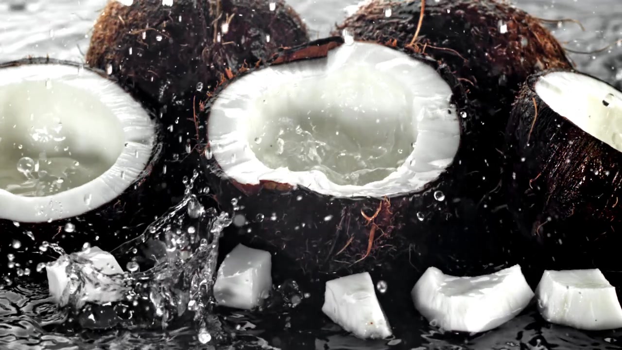 Refreshing Coconut Water Splashing on Dark Background