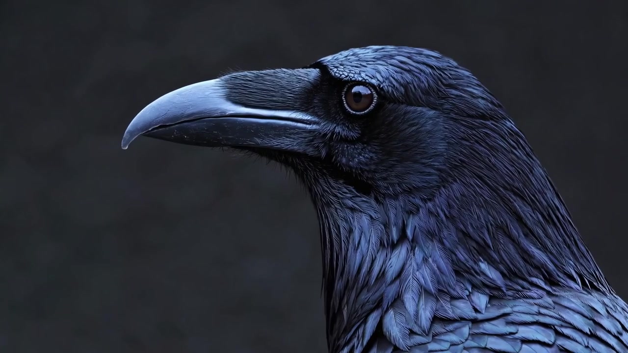 Primo piano di profilo di un maestoso corvo con piume scure iridescenti