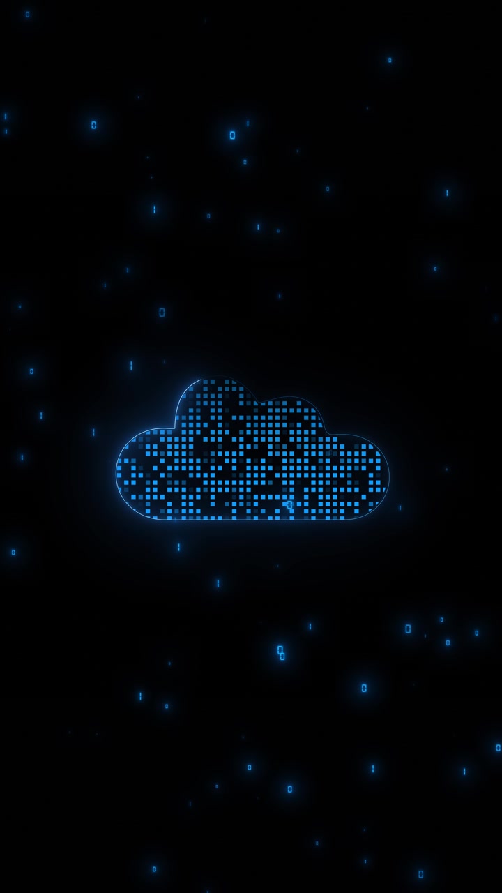 Blue cloud data storage background with pixel cloud icon glowing binary marks black copy space and