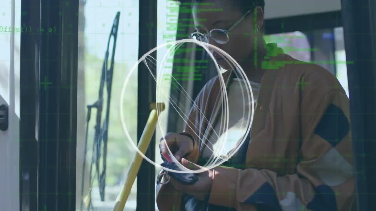 Animation of rotating circles and data processing, over woman using credit card on bus