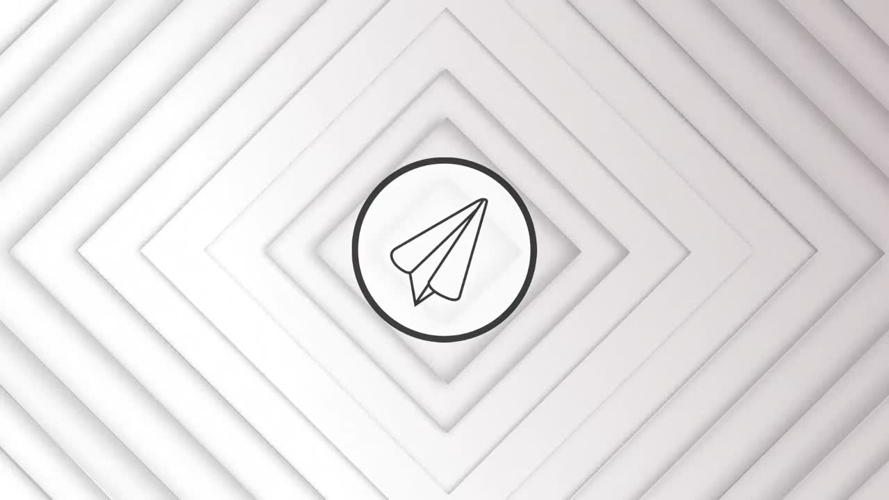 Animation of paper plane icon over squares in white digital space