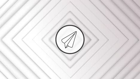 animation of paper plane icon over squares in white digital space