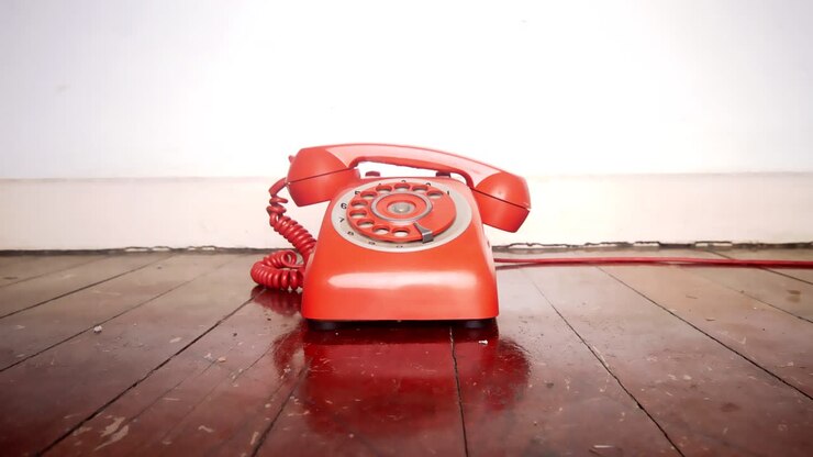 téléphone vintage sonnant du crochet sur le vieux sol en bois