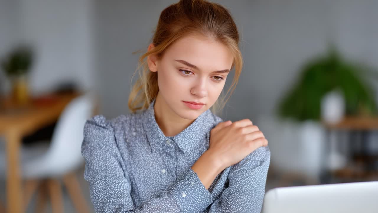 A pensive young woman in a blue patterned shirt reflects on her thoughts while seated in a modern, bright indoor environment with a laptop and greenery in the background