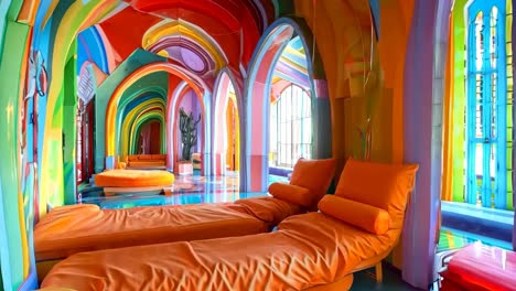 una habitación con muebles coloridos y un techo de color arco iris