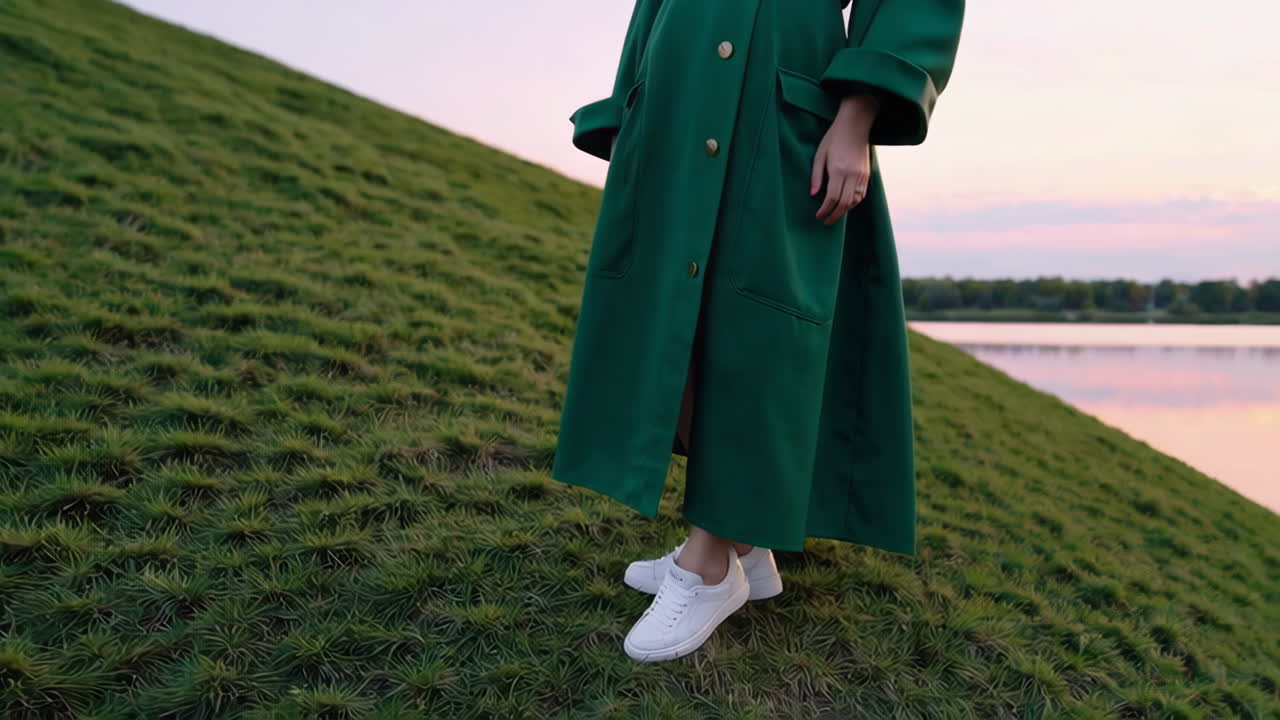 Primo piano di sneakers bianche su una collina erbosa al tramonto
