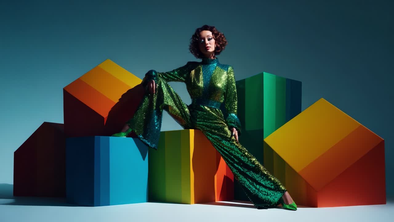 A Vibrant Fashion Display Featuring a Model in a Dazzling Green Sequined Outfit Posed Elegantly Against a Backdrop of Bright Geometric Blocks in Vivid Colors, Showcasing Modern Style and Artistic Expression