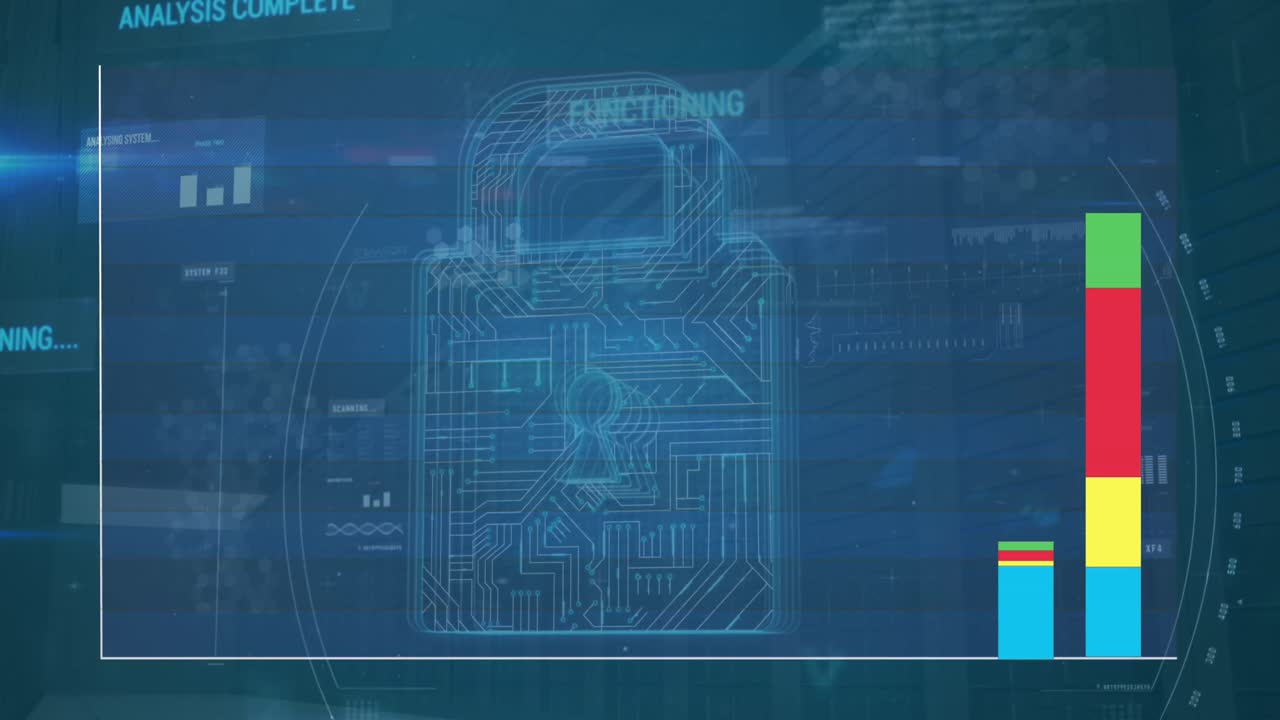 animación del procesamiento de datos sobre un candado digital sobre fondo azul