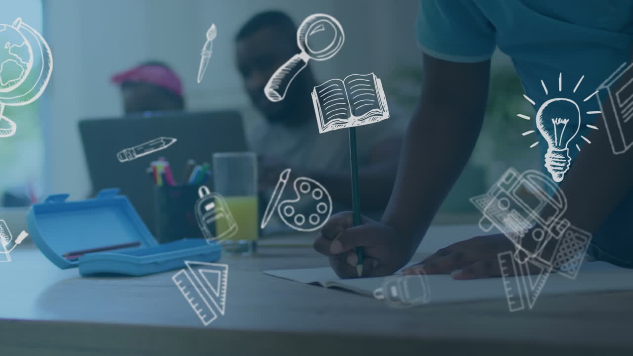 숙제를 하는 아이들과 집에서 노트북을 사용하는 아버지에 대한 학교 과목의 애니메이션