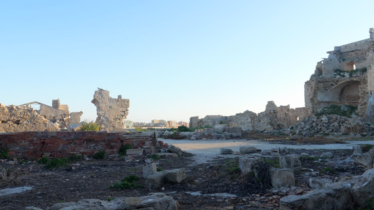 Ancient Remains On The Tonnara San Giuliano In Trapani, Italy. Wide Shot La storia della Tonnara trapanese di San Giuliano Palazzo