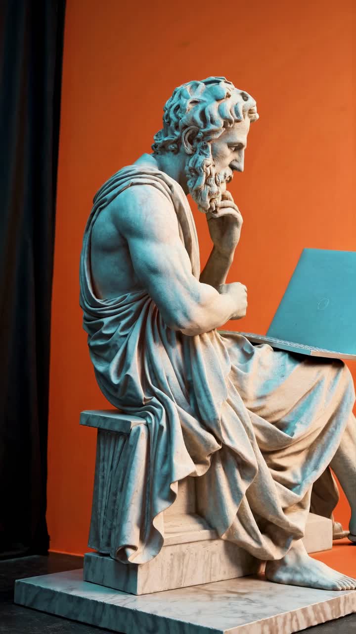 A side-angle view of a classical statue using a laptop, set against an orange backdrop
