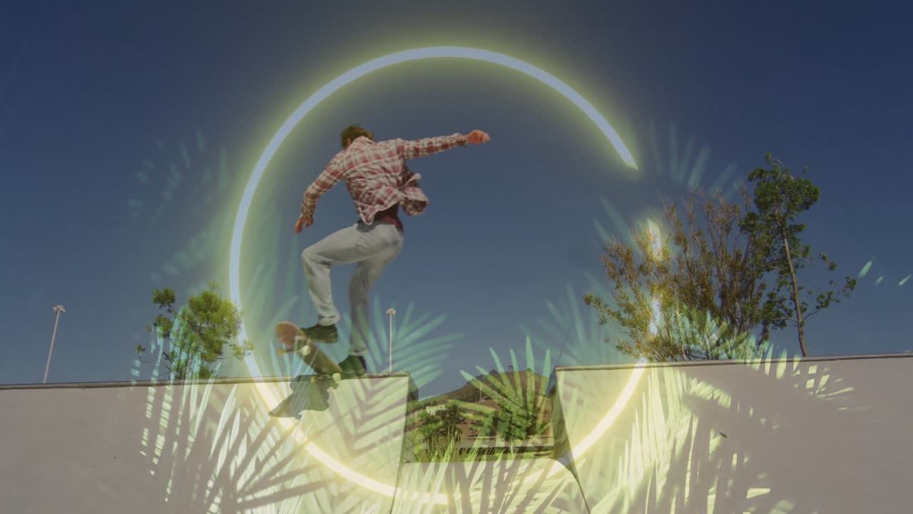 Man performing skateboard trick in skate park, showing neon circle overlay for tech demo