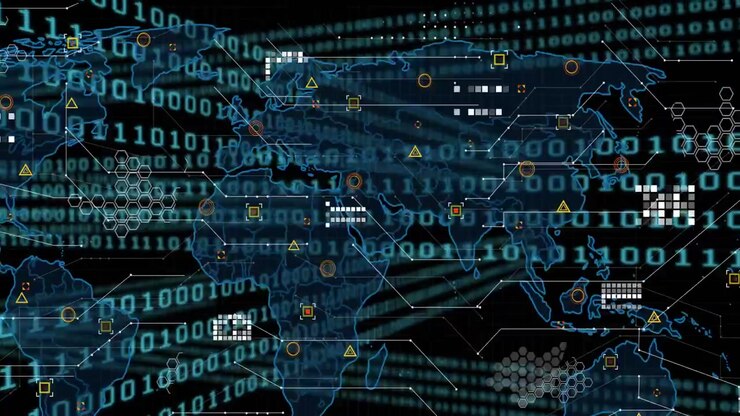 Binary grid appearing, world map fading, nodes pulsing, beams sweeping, showing global data flow