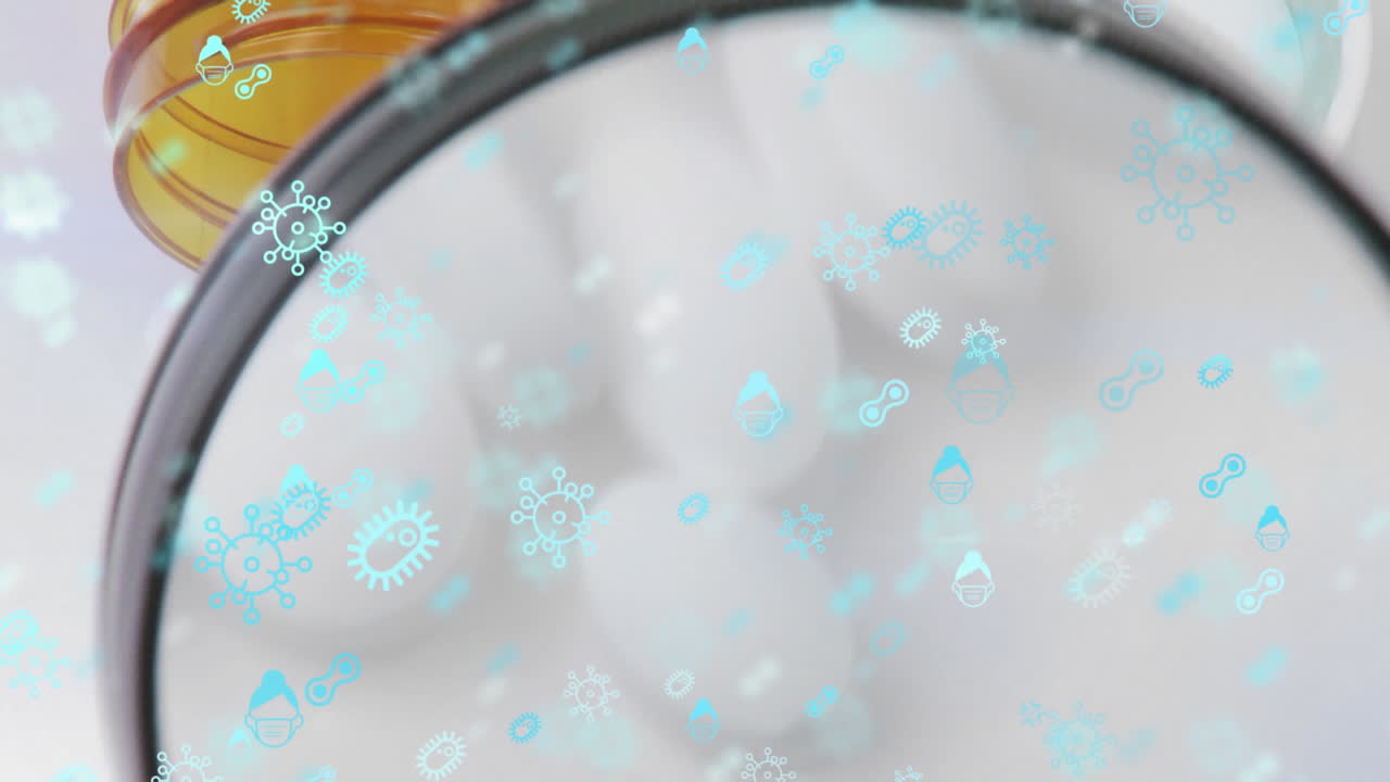 루프 아래의 알약 상자 위에 여러 개의 떠다니는 코로나19 아이콘의 애니메이션