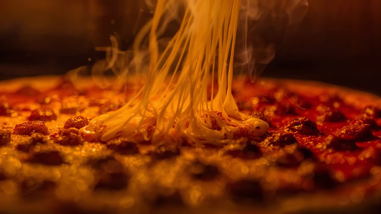 Sollevare una fetta che tira fili di formaggio fuso dal centro di una pizza ai peperoni su una griglia in forno, con vapore che si alza