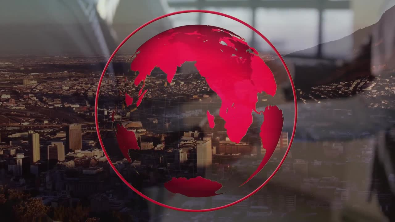 animación de globo rojo y gente de negocios estrechando la mano sobre el paisaje urbano moderno