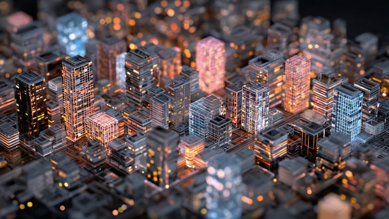 Vista aerea di un paesaggio urbano astratto di notte, con una complessa rete di edifici illuminati di altezze e design variabili, che cattura le atmosfere urbane e l'architettura moderna.