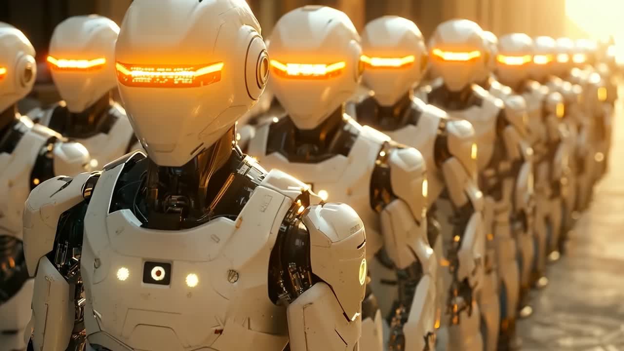 un grupo de robots de pie en una línea con luces naranjas