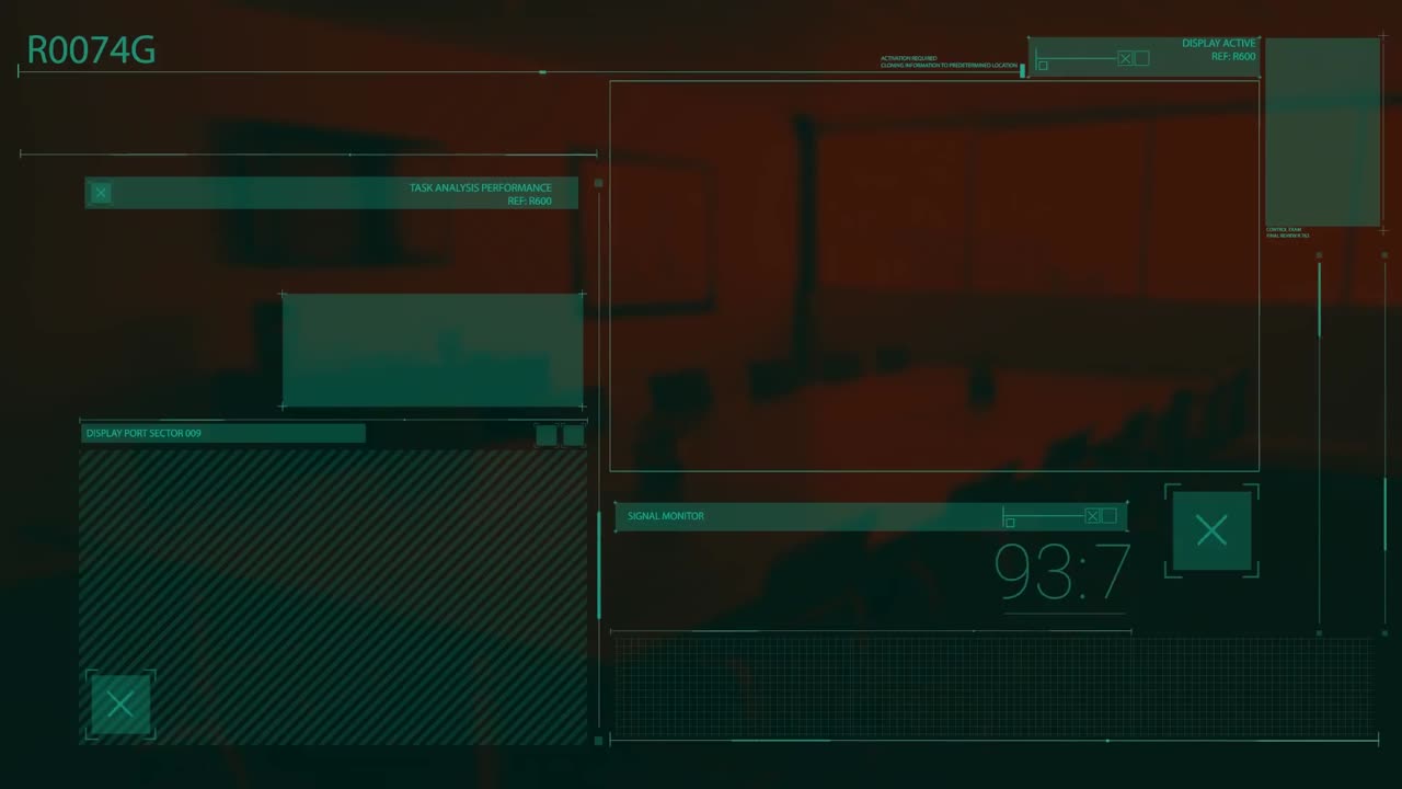 Animation of data processing and windows on dark interface screen of computer