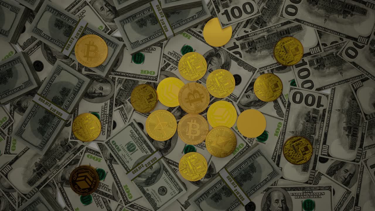 Bitcoin Btc Coin And Ethereum Eth Coins With 100 Dollars Bills. Digital Crypto Coin And Cryptocurrency. Concept Of Exchange Market And Online Trading