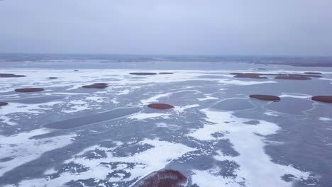 Aerial-view-of-frozen-lake-Liepaja-during-the-winter,-blue-ice-with-cracks,-dry-yellowed-reed-islands,-overcast-winter-day,-wide-drone-shot-moving-forward,-camera-tilt-down